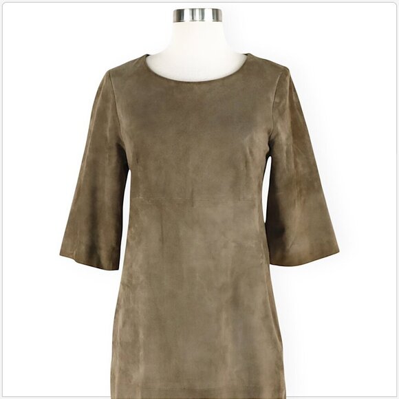 Eleventy Italian 100% Suede Leather Dress 3/4 Sleeve Zipper Trim Mini Size 42 - Picture 3 of 7